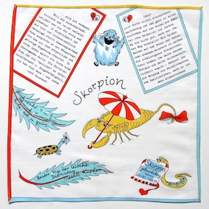 Könnte beinhalten: Eine bunte Illustration eines Skorpions mit einem rot-weiß gestreiften Regenschirm. Der Skorpion ist gelb mit einer roten Schleife am Schwanz. Die Illustration ist umgeben von Text in deutscher Sprache, darunter das Wort "Skorpion" und die Daten "24.10.-22.11".