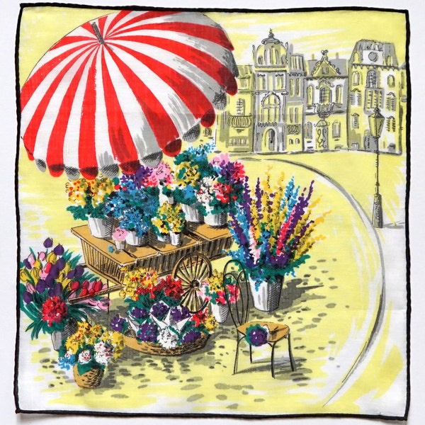 50s handkerchief flower stand on market square with parasol