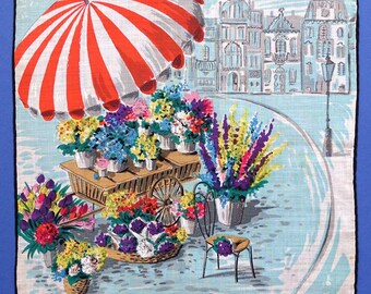 50s Taschentuch Blumenstand auf Marktplatz mit Sonnenschirm