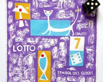 Fazzoletto anni '60 con motivi fortunati/pubblicità della lotteria con scatola di dadi originale