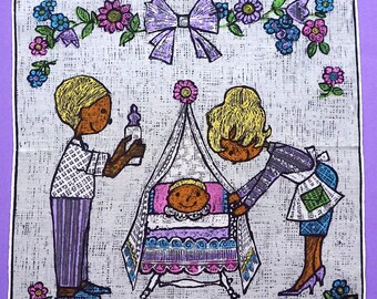 60s Dessin Depose Taschentuch Ehepaar an der Wiege - Fisba mit original Etikett