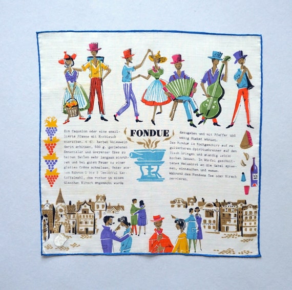 Original 1960s Fisba Stoffel's handkerchief with fondue recipe