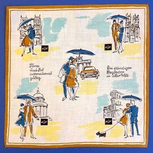 Pu&ograve; includere: Un'illustrazione vintage di una donna con un ombrello che cammina sotto la pioggia. L'illustrazione &egrave; su uno sfondo bianco con un bordo giallo. Il testo "The form, individual, international, g&uuml;ltig" &egrave; scritto in nero sul lato sinistro dell'immagine. Il testo "Ein st&auml;ndiger Begleiter in aller Welt" &egrave; scritto in nero sul lato destro dell'immagine.