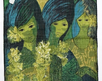 Pañuelo de los años 60: Retratos de mujeres en ilustración tropical de mediados de siglo – Batista de algodón suizo, enrollado a mano, Stoffels