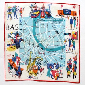 Pañuelo de recuerdo de Basilea de los años 60 con monumentos y mapa de la ciudad.