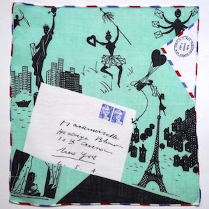 Pañuelo de los años 50 Airmail Paris - Nueva York de 1953