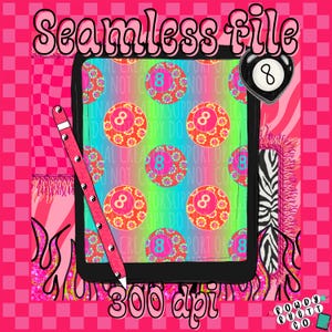 May include: A digital illustration featuring a tablet displaying a seamless pattern of eight balls. A pink stylus with yin-yang symbols and the text "Seamless file" are also present. The background is a vibrant mix of pink and other patterns.
