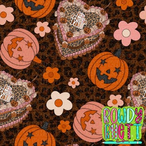 May include: A seamless pattern featuring heart-shaped cakes with leopard print, orange pumpkins with star-shaped eyes, and light pink flowers. The cakes are topped with cherries and text that reads it's frickin fall. A watermark reads ROWDY RHETT.