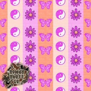 May include: A repeating pattern featuring vertical stripes in peach, pink, and white. The design includes pink butterflies, flowers, and yin-yang symbols. The Rowdy Rhett Co. logo is in the lower left corner.