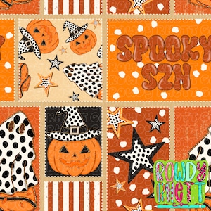 May include: A repeating pattern featuring orange pumpkins wearing black and white polka dot witch hats, ghosts with polka dot patterns, and stars. The text SPOOKY SZN appears in brown bubble letters on an orange background with white spots.