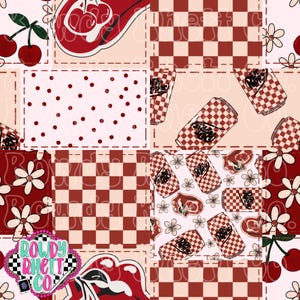 May include: A patchwork design featuring cherries, soda cans, and floral patterns in shades of red, white, and pink. The design includes polka dots, checkerboard patterns, and the text "Rowdy Rhett Co."