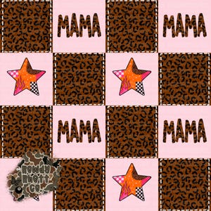 May include: A repeating pattern featuring squares with leopard print, the word "MAMA", and star shapes. The stars are orange and pink with checkered and flame designs. The background is light pink.