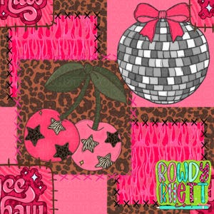 Könnte beinhalten: Ein lebendiges Patchwork-Design mit einer Discokugel mit rosa Schleife, Kirschen mit Stern- und Zebra-Print-Akzenten und einem rosa Flammenmuster. Das Design enthält den Text "ROWDY RHETT" in einer farbenfrohen, umrandeten Schriftart.
