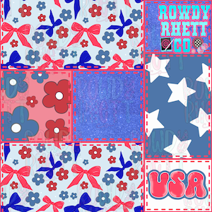 Könnte beinhalten: Ein Patchwork-Design mit roten, weißen und blauen Mustern. Das Design umfasst Schleifen, Blumen, Sterne und die Texte "ROWDY RHETT CO" und "USA". Das Gesamtthema ist patriotisch.