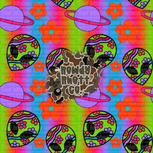 May include: A seamless pattern featuring a psychedelic design with green alien heads, orange and purple flowers, and planets with rings. The background is a gradient of pink, orange, yellow, green, and blue. The text "Rowdy Rhett Co." is in the center of the pattern.