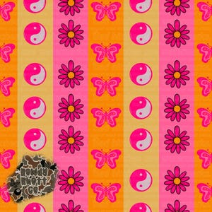 May include: A repeating pattern featuring pink yin-yang symbols, flowers, and butterflies on vertical stripes of orange, pink, and yellow. The design includes the text "Bad Bitches use watermarks" and the logo for "Rowdy Rhett Co."