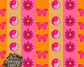 Yin Yang daisy groovy seamless design | Butterfly seamless file | Groovy repeating pattern | Colorway #3  | Muted colorway