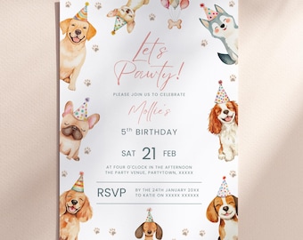 May include: A white invitation with watercolor illustrations of dogs wearing party hats. The text "Let's Pawty!" is in pink script, with details for Mollie's 5th birthday on February 21st.