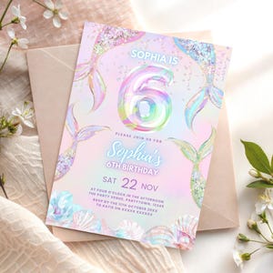 Zeemeermin 6e verjaardagsuitnodiging bewerkbare zesjarige Under the Sea verjaardagsuitnodiging pastel zesde verjaardagsfeestje roze meisje iriserende Evite