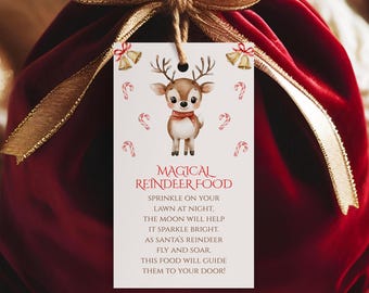 May include: A festive red velvet gift bag with a gold ribbon and a tag. The tag features a reindeer illustration and the words "MAGICAL REINDEER FOOD" with a poem about the food guiding Santa's reindeer.