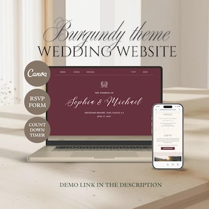 May include: A laptop and smartphone display a burgundy-themed wedding website design. The laptop screen shows the website's homepage with the names "Sophia & Michael." The smartphone displays a venue page. Text includes "Canva," "RSVP Form," and "Count Down Timer."