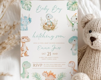 It's a Boy Dinosaur Baby Shower Invitation Dino Invite Hatching Soon Mobile Phone Evite Oh Boy Baby Dinosaur Invite Editable Canva Template