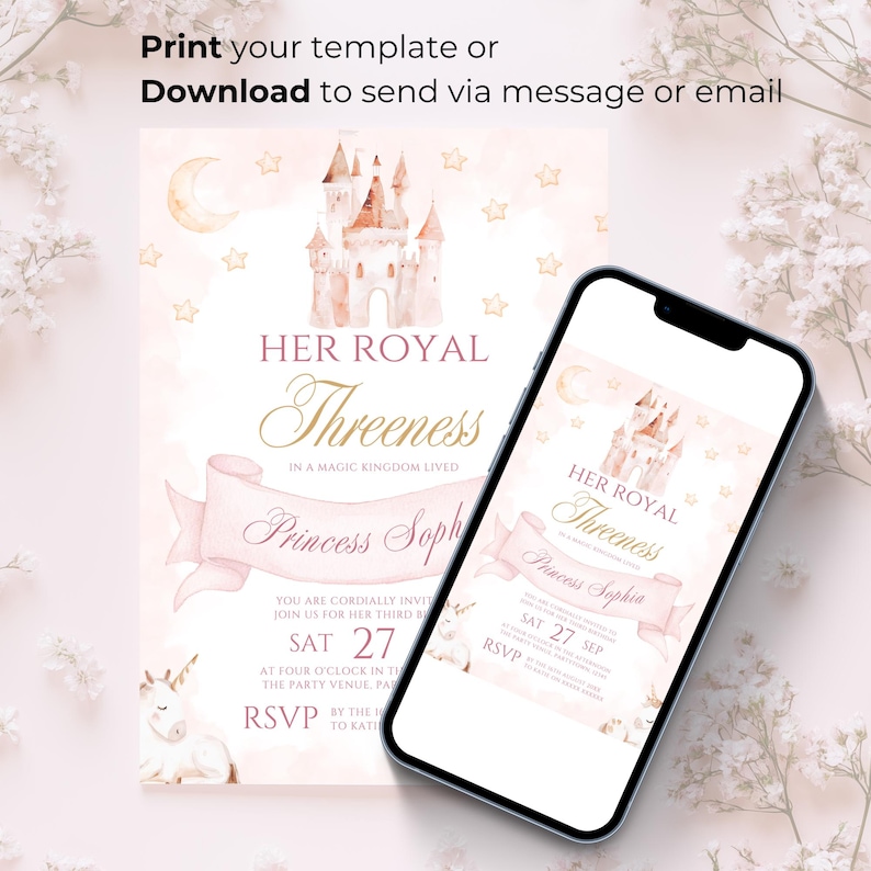 Princess Invitation Template 3rd Birthday Princess Invite Her Royal Threeness Invitation Editable Canva Template Castle Unicorn Theme Evite