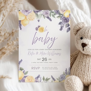 Puede incluir: Una invitación a una baby shower con temática de lavanda y limón con el texto "Oh baby" en letra cursiva morada. La invitación incluye los nombres Katie & Mike Williams, la fecha sábado 26 de julio y la información de RSVP.