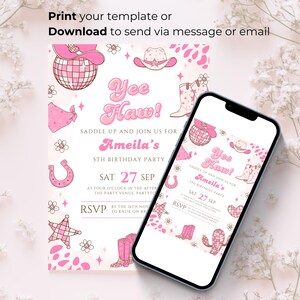 Editable Space Cowgirl Birthday Invitation Template Pink Yee Haw Cowgirl Party Invite Retro Cowgirl Disco Western Birthday Evite Printable