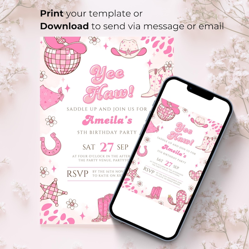 Editable Space Cowgirl Birthday Invitation Template Pink Yee Haw Cowgirl Party Invite Retro Cowgirl Disco Western Birthday Evite Printable
