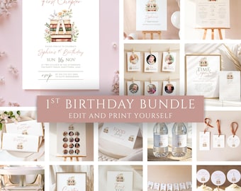 First Chapter 1st Birthday Invitation Bundle Book Theme Invite Decor 1st Birthday Girl Party Decorations Printable First Party Storybook Set