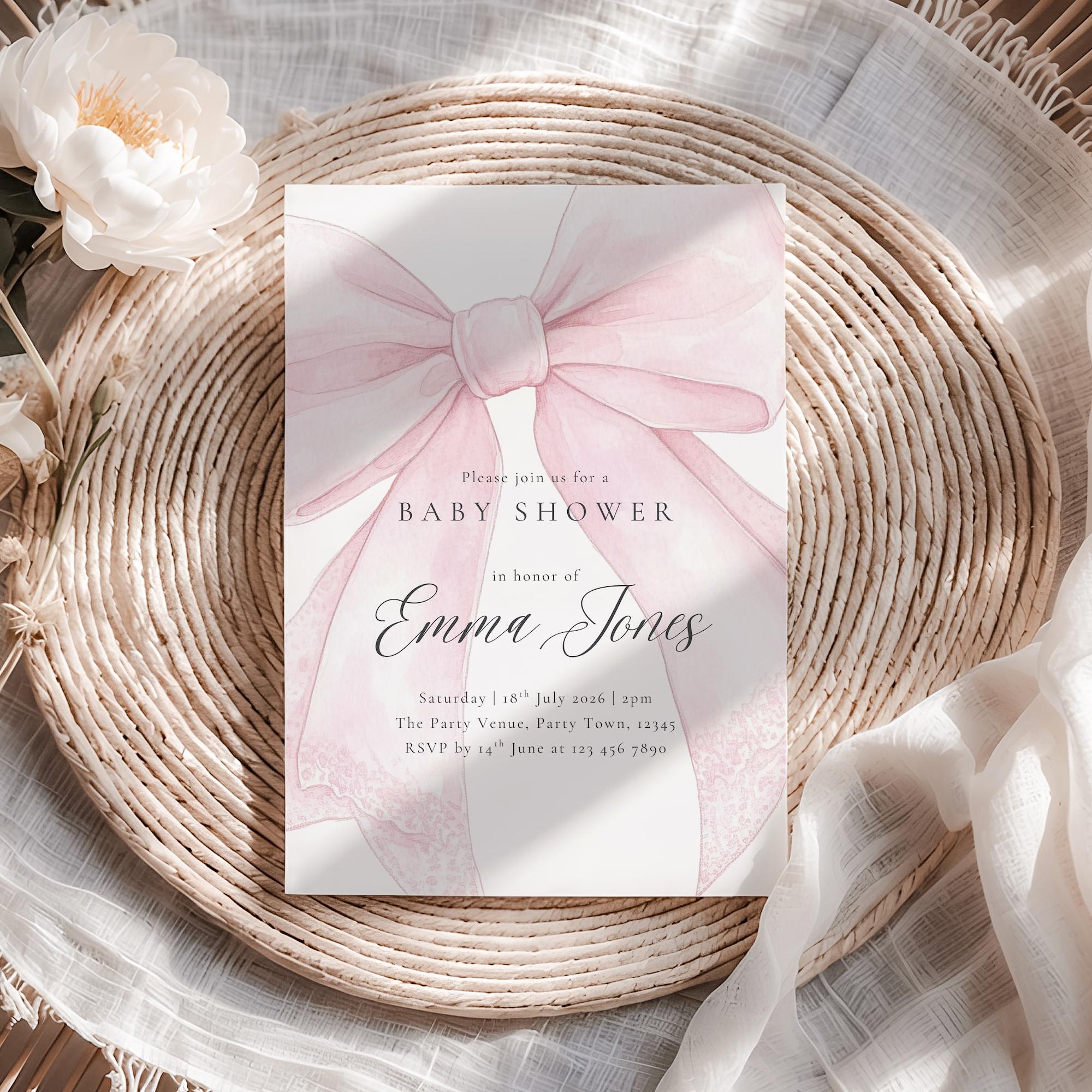 Blush Pink Bow Baby Shower Invitation Editable lace Coquette Baby ...