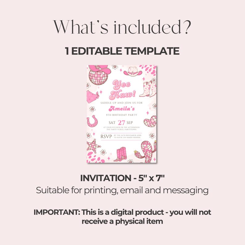 Editable Space Cowgirl Birthday Invitation Template Pink Yee Haw Cowgirl Party Invite Retro Cowgirl Disco Western Birthday Evite Printable