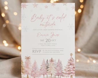 Christmas Baby Shower Invitation Baby it's Cold Outside Invite Winter Baby Shower Evite Coquette Pink Bow Girl Shower Holiday Snowflake Baby