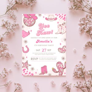 Editable Space Cowgirl Birthday Invitation Template Pink Yee Haw Cowgirl Party Invite Retro Cowgirl Disco Western Birthday Evite Printable