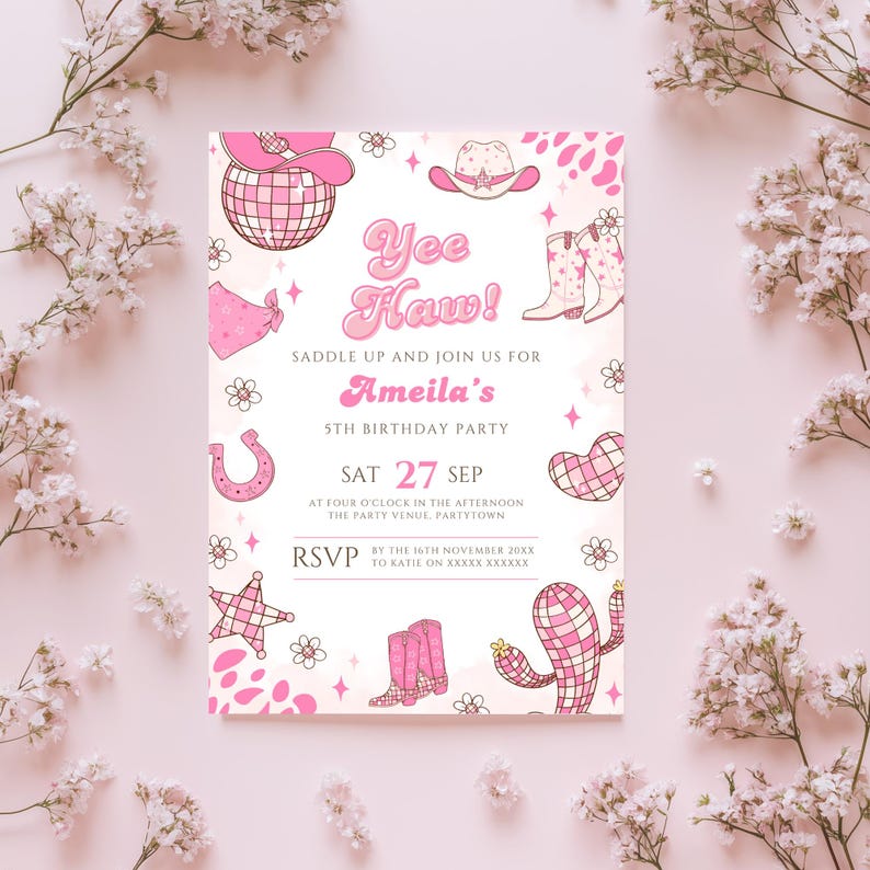 Editable Space Cowgirl Birthday Invitation Template Pink Yee Haw Cowgirl Party Invite Retro Cowgirl Disco Western Birthday Evite Printable