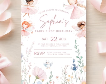 Fairy First Birthday Invitation Fairy 1st Birthday Invite Enchanted Garden Evite Fairy Invite Cute Girl Editable Invitation Custom Digital
