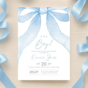 Blue Bow Baby Shower Invitation Editable Template Baby Boy Blue Coquette Baby Shower Invite It&#39;s a Boy Shower Invitation Boy Coquette Ribbon