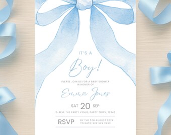 May include: A baby shower invitation with a watercolor design. The invitation features a large, light blue bow at the top and the words "It's a Boy!" in elegant script. Details include the date, time, location, and RSVP information.