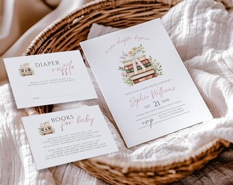 A New Chapter Begins Baby Shower Invitation Suite Editable Book Themed Baby Shower Invite Diaper Raffle Card Books For Baby Storybook Evite