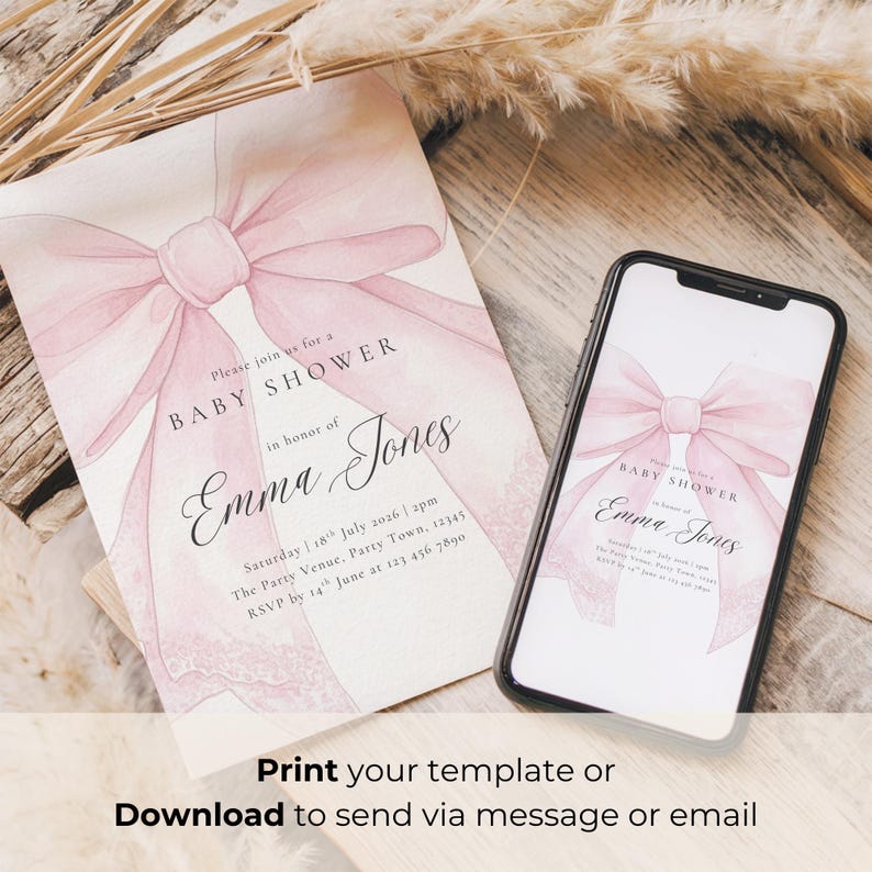 Blush Pink Bow Baby Shower Invitation Editable lace Coquette Baby ...