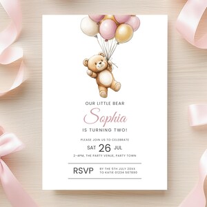 May include: A pink and white birthday invitation with a cartoon bear holding balloons. The invitation says "Our little bear Sophia is turning two!" and includes the date "Sat 26 Jul" and RSVP information.