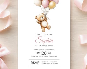 Bear 2nd Birthday Girl Invitation Editable Second Birthday Invite Teddy Bear Two Party Invite Custom Printable Download Pink Balloon Evite