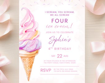 Ice Cream 4th Birthday Invitation I Scream You Scream We All Scream Four Ice Cream Fourth Birthday Editable Invite Girl Pink Party Sprinkles