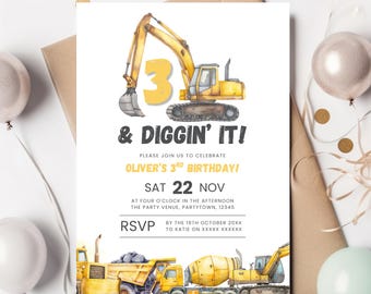 3 and Diggin’ It Birthday Invitation Construction Theme 3rd Birthday Invite Digger Dump Truck Party Custom Evite Printable Third Birthday