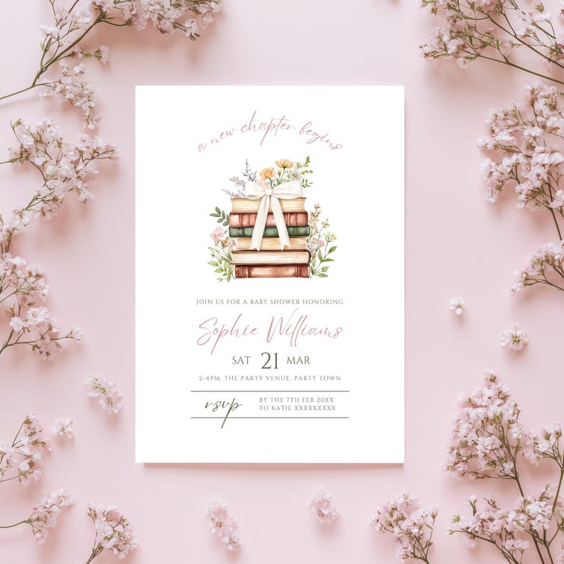A New Chapter Begins Baby Shower Invitation Editable Book Themed Baby Shower Invite Storybook Baby Shower Evite Babys First Book Club Bow Girl Floral