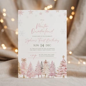 May include: A winter-themed invitation card with the text "Winter Onederland" and "Sophia's First Birthday." The design includes pink and grey watercolor Christmas trees, snowflakes, and stars. The date is 14th December.