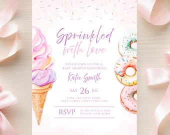 Ice Cream Baby Shower Invitation Sprinkled with Love Baby Shower Invite Summer Party Baby Girl Editable Evite Sweet Pastel Donut Sprinkles