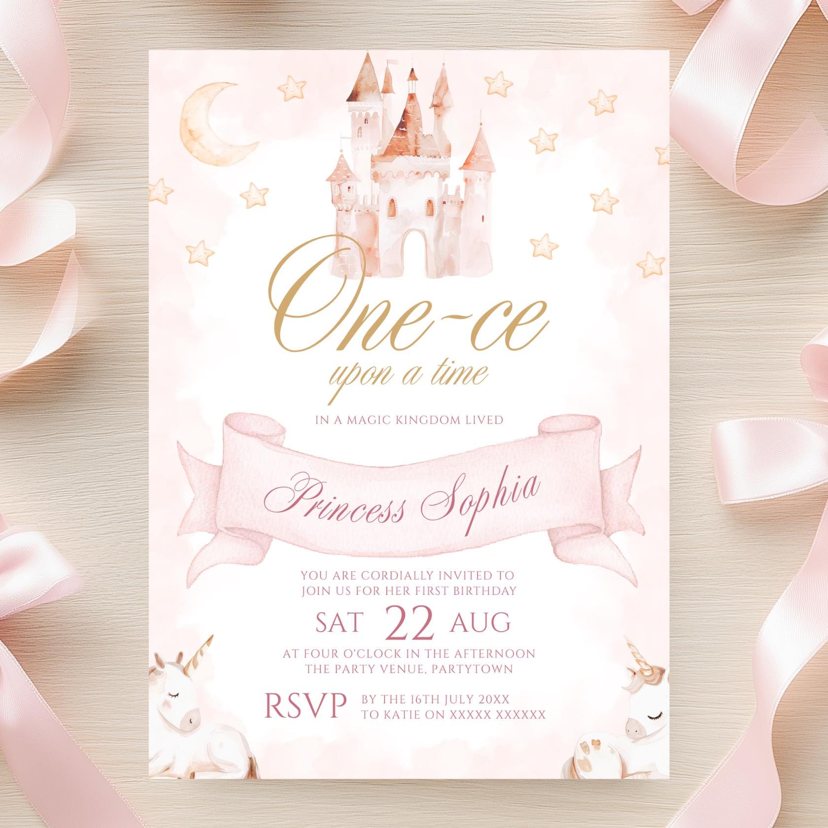 Princess 1st Birthday Party Invitation One-ce Upon a Time First Birthday Invite Pink Girl First Birthday Editable Invitation Princess Castle