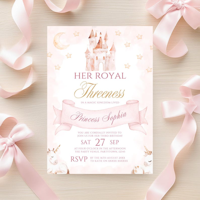 Princess Invitation Template 3rd Birthday Princess Invite Her Royal Threeness Invitation Editable Canva Template Castle Unicorn Theme Evite